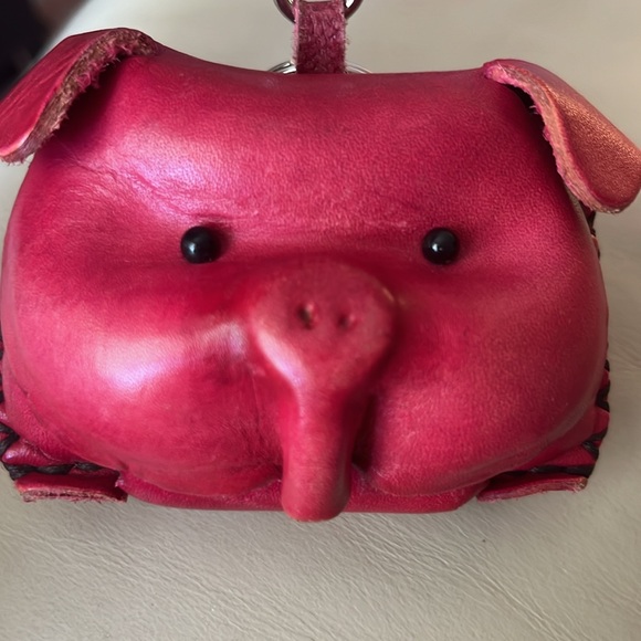 Leather Piggy Coin Key Ring Dark Pink Just Adorable-Handmade - Picture 9 of 12